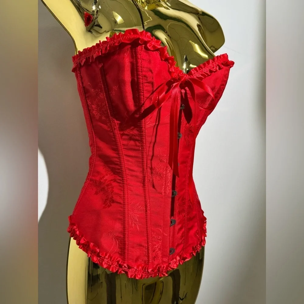 Red Satin Lace Up Corset XS Strapless Bustier Top Y2K